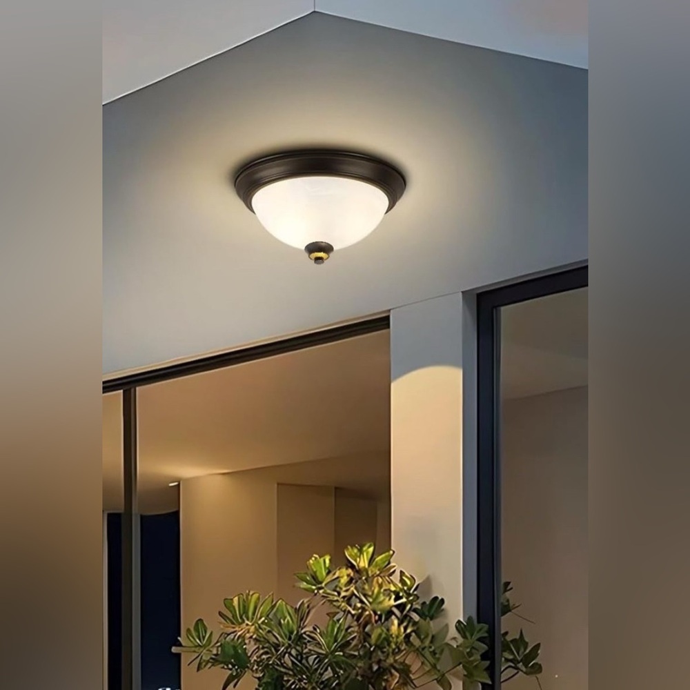 2-Light Close to Ceiling Bronze Light Fixture with white marble glass lampshade